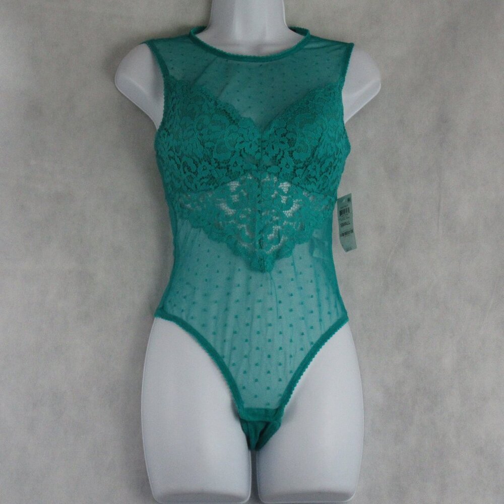 INC Women's Cupped Sheer Lace Swiss Dot Thong Bodysuit, Green, Small